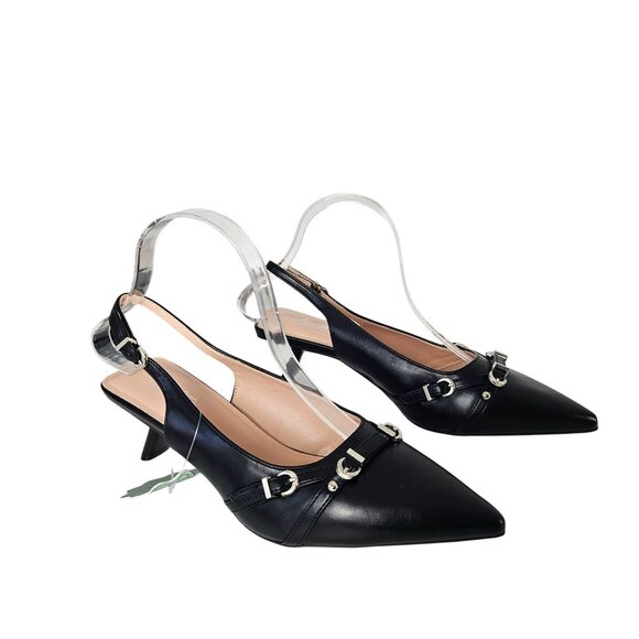 Womens Formal Black Slingback Pointed Toe Kitten Heels Buckle Detail Size 7.5" - Picture 2 of 10